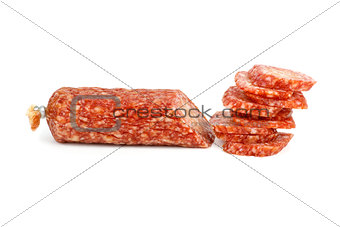 Half of salami sausage and pile of slices near