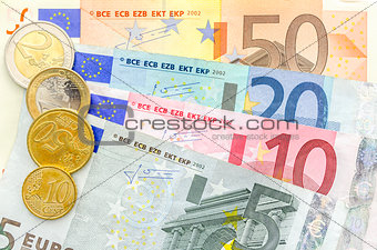 Euro money coins and banknotes top view