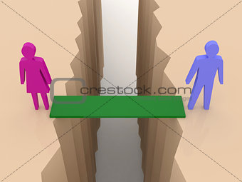 Man and woman split on sides, bridge through separation crack.