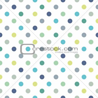 Seamless vector pattern, texture or background with cool mint, blue and yellow green polka dots on white background