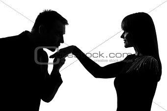 one couple man kissing hand woman  