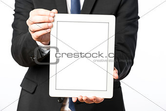 Business man shows his blank tablet computer