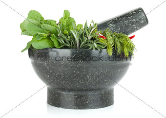 Fresh herbs in mortar