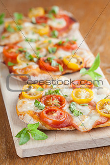 Mini pizzas with mozzarella and cherry tomatoes