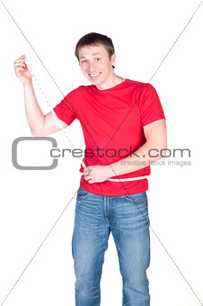 Attractive caucasian man is shocked with his new waistline measu