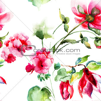 Seamless wallpaper with Geranium and Peony flowers