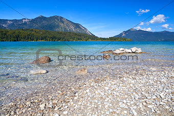 lavender lake Walchensee in Bavarian Alps