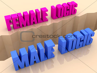 Two phrases FEMALE LOGIC and MALE LOGIC split on sides, separation crack.