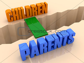 Two words CHILDREN and PARENTS united by bridge through separation crack.
