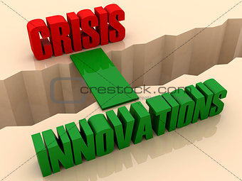 Two words CRISIS and INNOVATIONS united by bridge through separation crack.