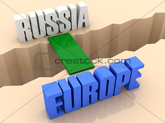 Two words RUSSIA and EUROPE united by bridge through separation crack.