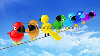 rainbow colored birds on a cable in front of blue sky
