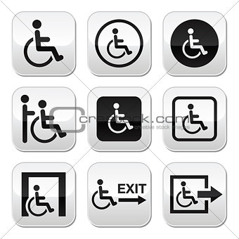 Man on wheelchair, disabled, emergency exit buttons set