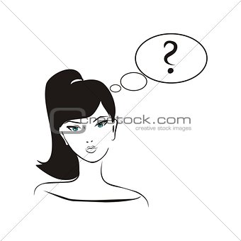 Young, hand drawn in simply glamour design style, thinking girl with black hair and question mark in bubble speech