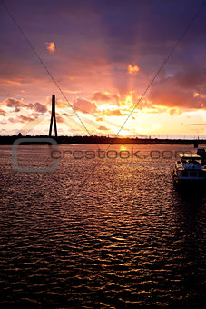 Sunset on the town river  in Riga