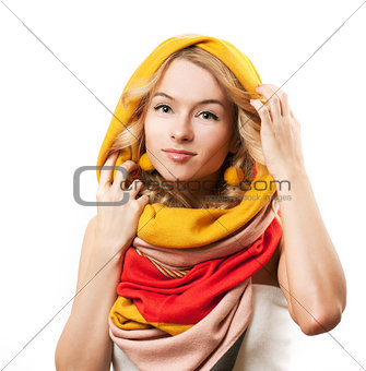 Blonde Woman in Yellow Hood. Isolated on White.