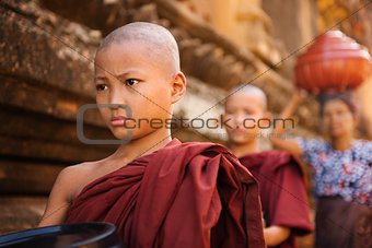 Southeast Asian young Buddhist monks walking morning alms