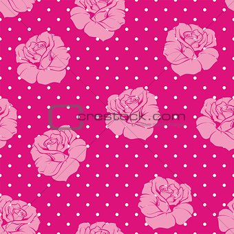 Seamless vector floral pattern with pink and roses on sweet candy pink background with white polka dots