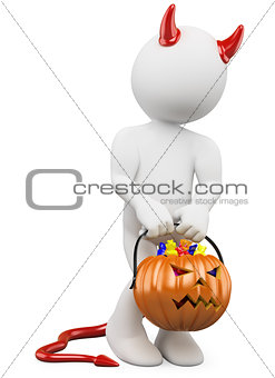 3D halloween white people. Child dressed as devil with a pumpkin
