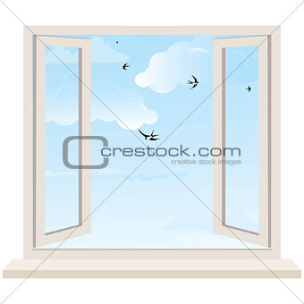 Open window on wall and cloudy sky with birds swallow. Vector illustration.