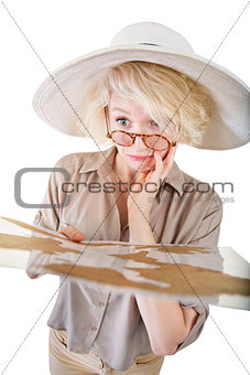 Confused Blond Woman with Map