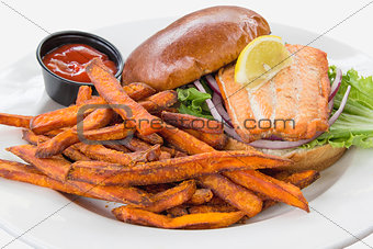 Salmon Steak Sandwich with Sweet Potato Fries