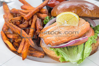 Salmon Sandwich with Sweet Potato Fries Closeup