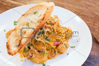 Seafood Pasta with Tomato Cream Sauce Closeup