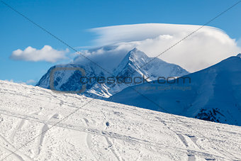 Mountain Peak and Ski Slope near Megeve in French Alps, France