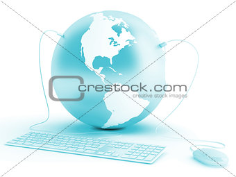 earth connected with keyboard and mouse on white background