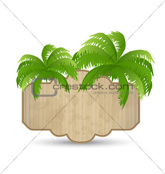 Wooden advertising signboard with palms isolated