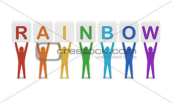 Men holding the word rainbow.