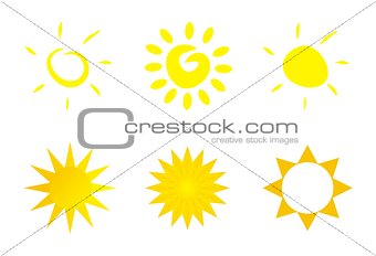 Vector set of hand drawn doodle yellow sun isolated on white background
