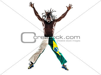 brazilian  black man jumping arms outstretched