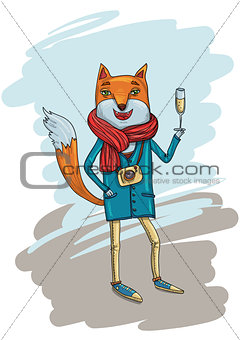 Fashion Illustration of Hipster Fox with Camera