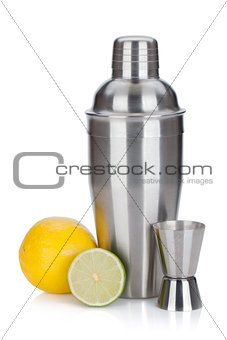 Cocktail shaker with measuring cup and citruses