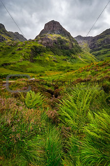 View of Glen Coe mountains with greenery foreground, Scotland