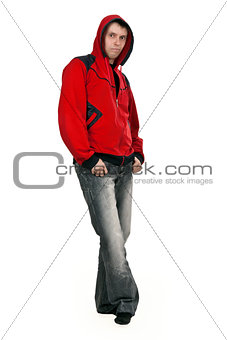 man in a red sweater with a hood