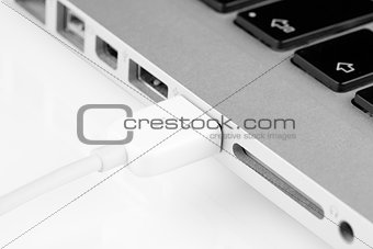 Laptop with usb connector closeup