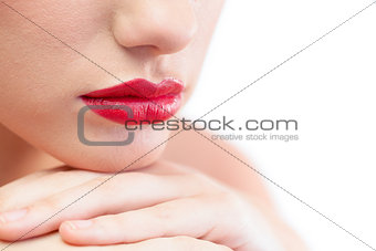 Close up on gorgeous models red lips