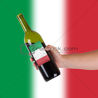 Hand holding a bottle of red wine