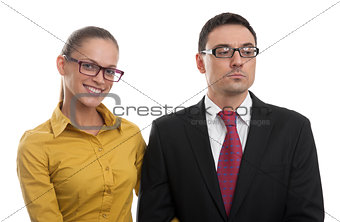 Happy woman and serious businessman