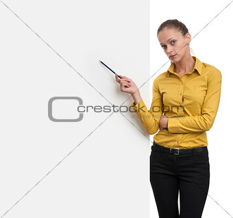 young business woman showing blank signboard