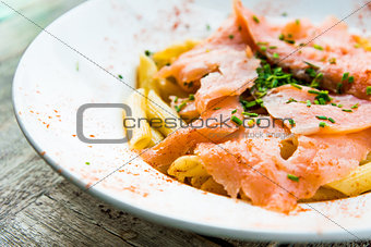 tasty pasta with salmon 