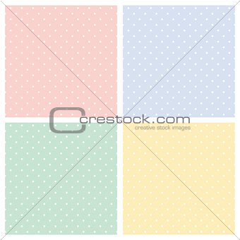 Vector set of sweet seamless patterns or textures with white polka dots on pastel, colorful background