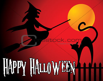 halloween background with full orange moon, witch and black cat