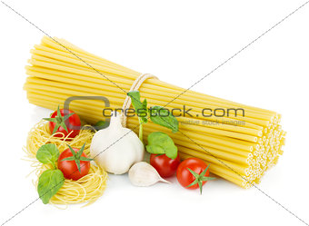 Italian pasta, tomatoes, basil and garlic
