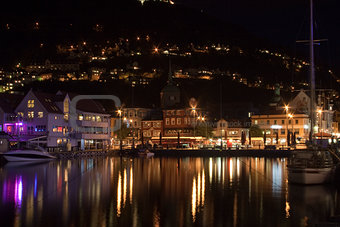 Night panorama of Bergen, Norway, Sacndinavia
