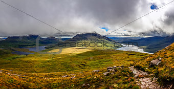 Panoramic view of beautiful lakes and clouds in Inverpolly area,