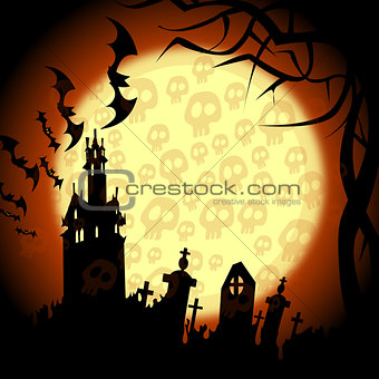 halloween churchyard, bats and skulls on the moon